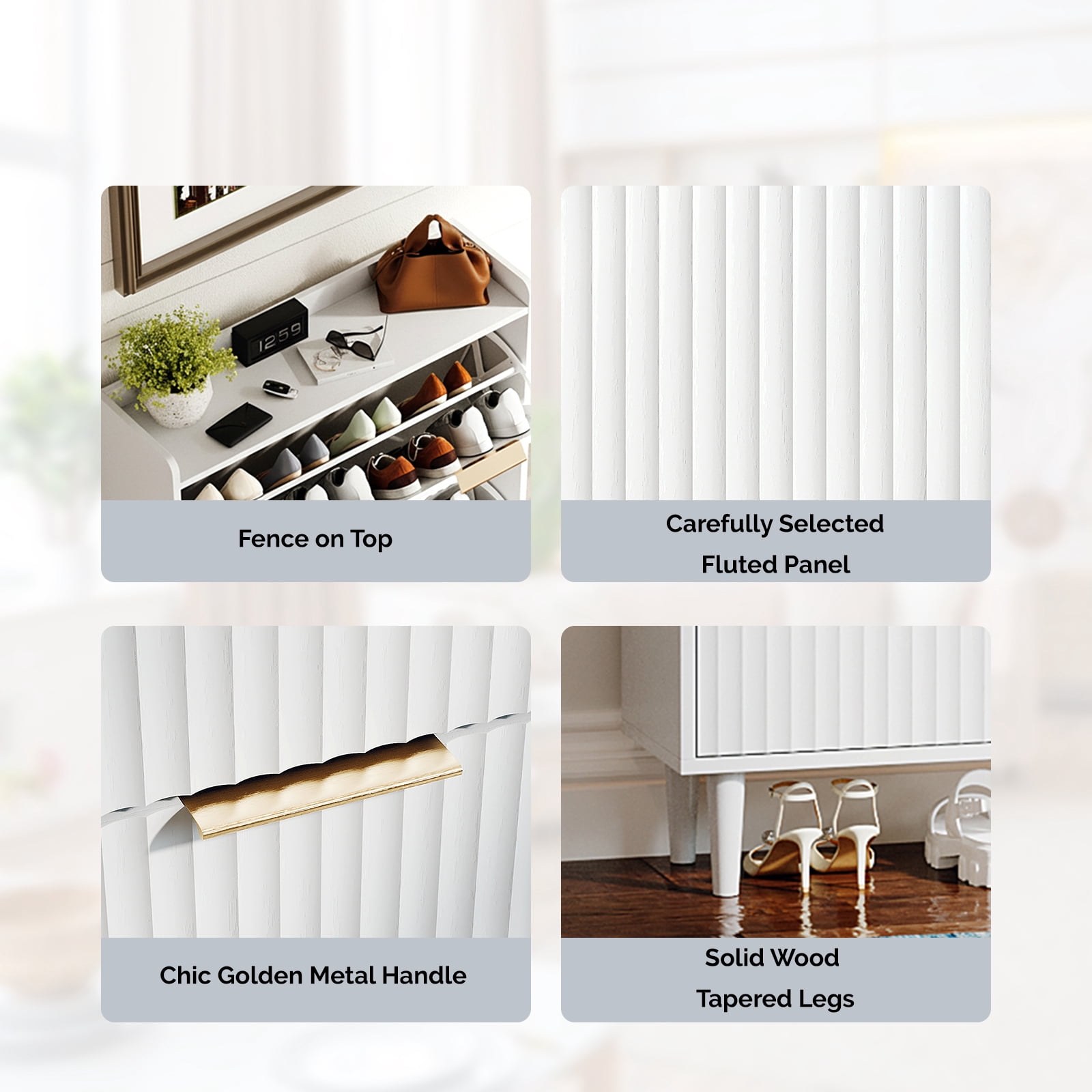 3-Drawer Shoe Cabinet with Top Grille Panel MDF Door Panels with Thermoforming + Champagne Gold Door Seams and Handles + Conical White Legs for the Shoe Cabinet, 31.61*9.45*52.95in, White
