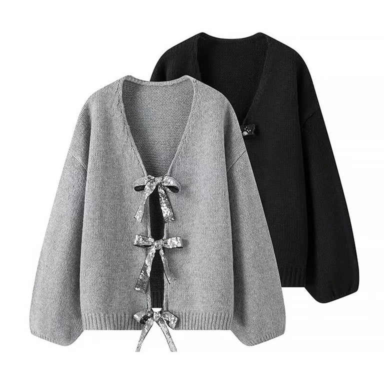 Sparkly Bow Tie Loose Knit Cardigan Sweater For Women Shimmering 