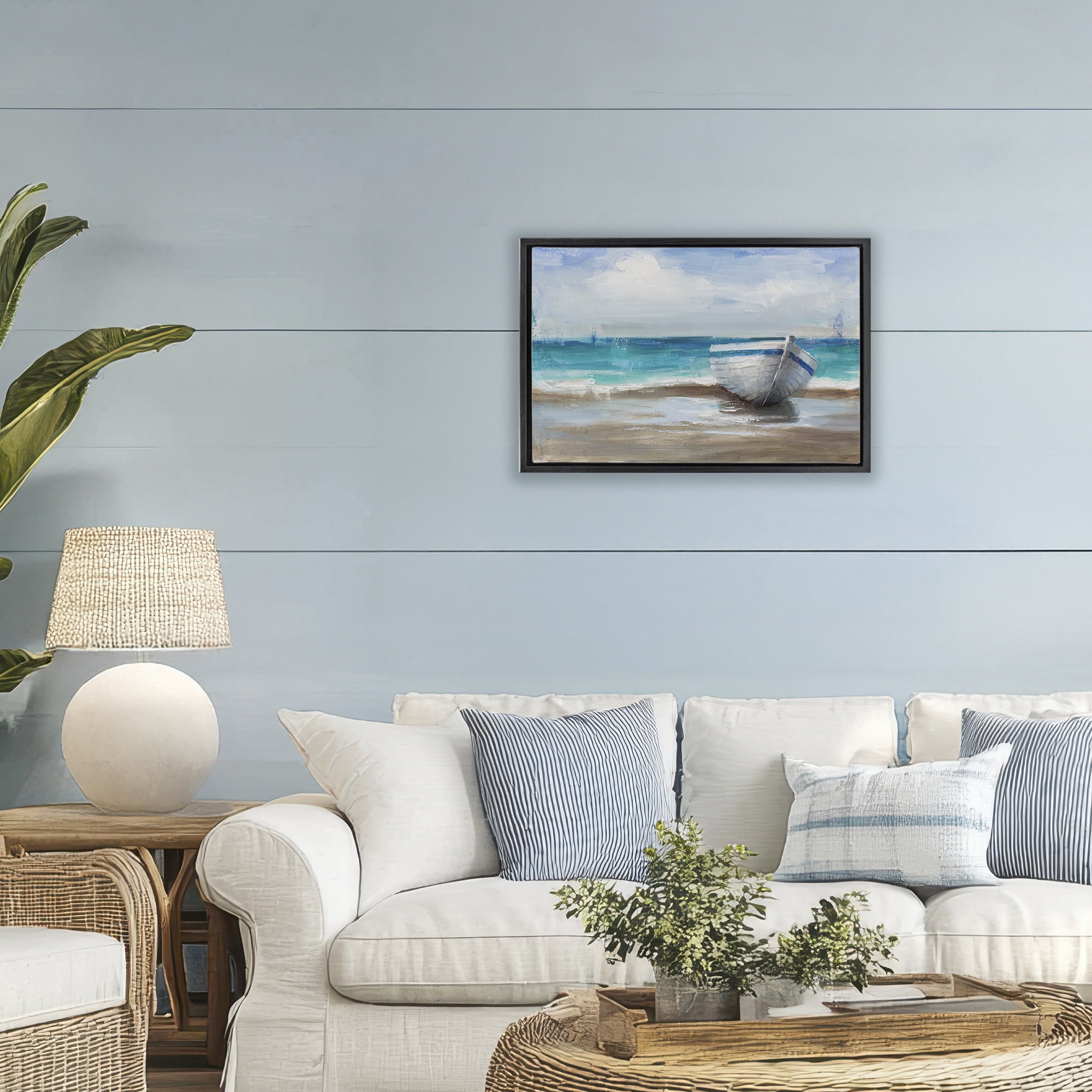 Stupell Industries Painterly Boat On The Shore Black Framed Floater Canvas Wall Art, design by Cloverfield & Co.