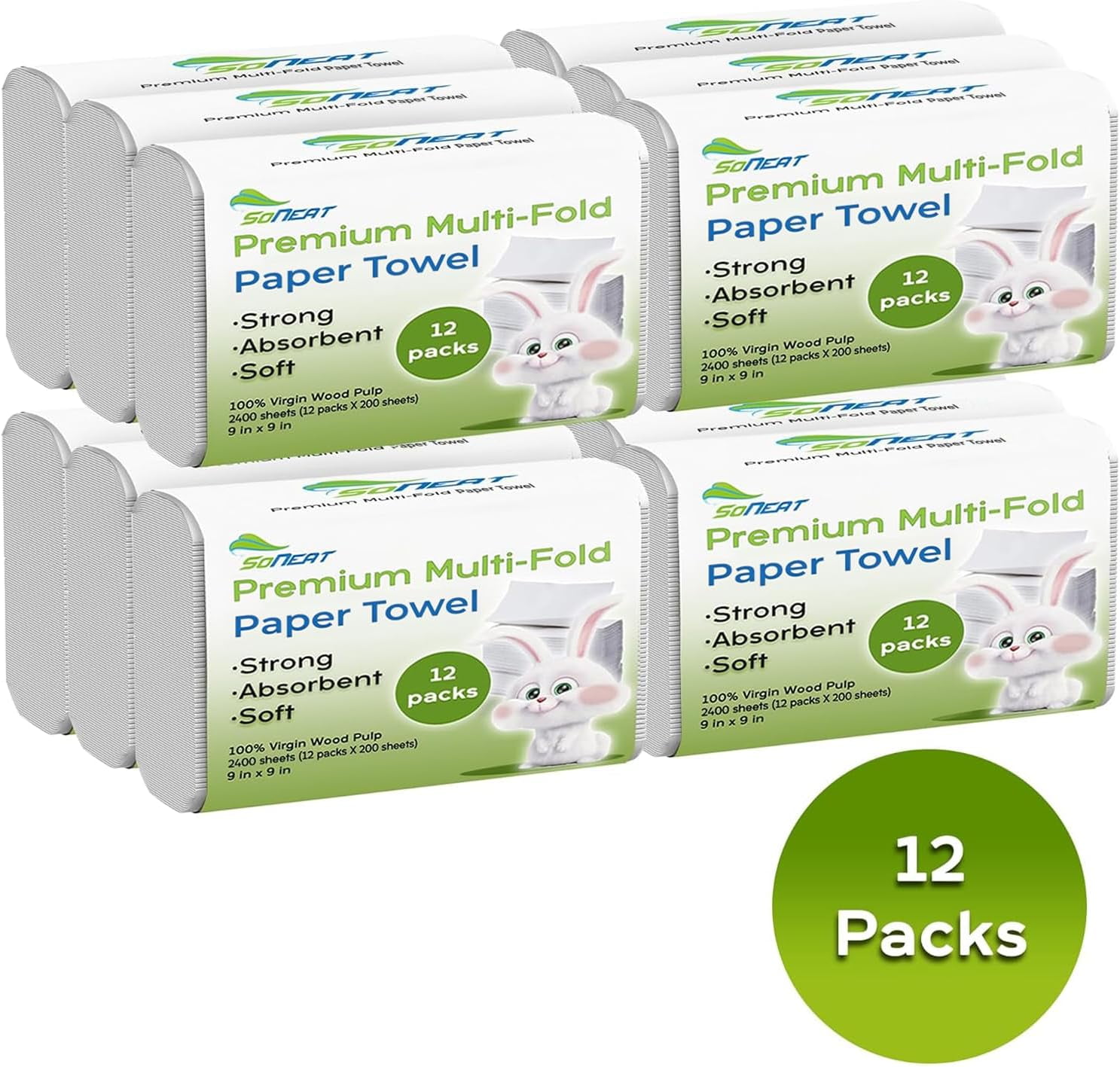 SoNeat Multifold Paper Towels, 2400 Sheets, 200 Count Per Pack Disposable Hand Towels for Bathroom, Commercial, Household, and Public Facilities, 100% Virgin Wood Pulp, 12 Packs