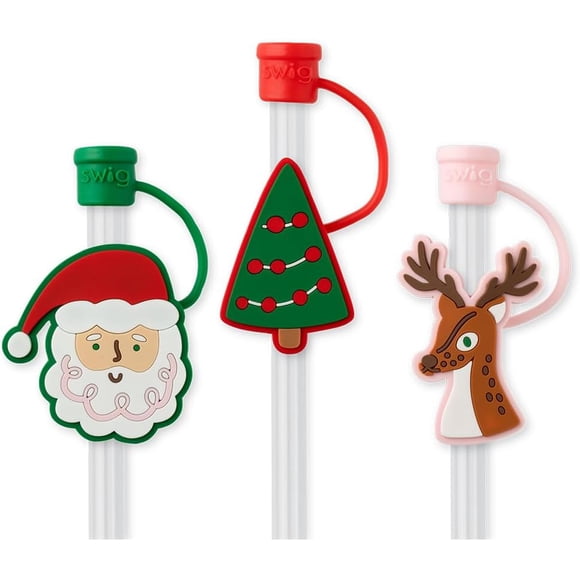 Swig Straw Toppers Set, 3 Reusable Straws with 3 Silicone Straw Covers, Cover Cap Customizable Length, Compatible with 40oz Tumblers, Tumbler Accessories (Christmas Cameos)