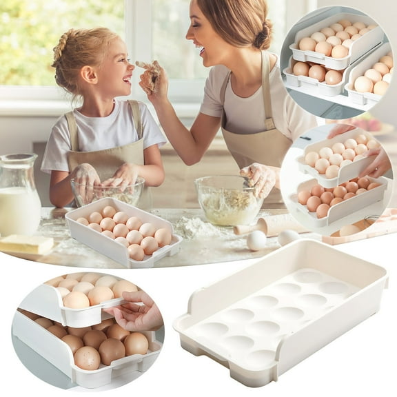 Stackable Egg Storage Container for Refrigerator - Large Capacity Holds 15 Eggs Per Tray, White Plastic Organizer Bin with Snap-Lock Lid, Keeps Eggs Fresh & Saves Space