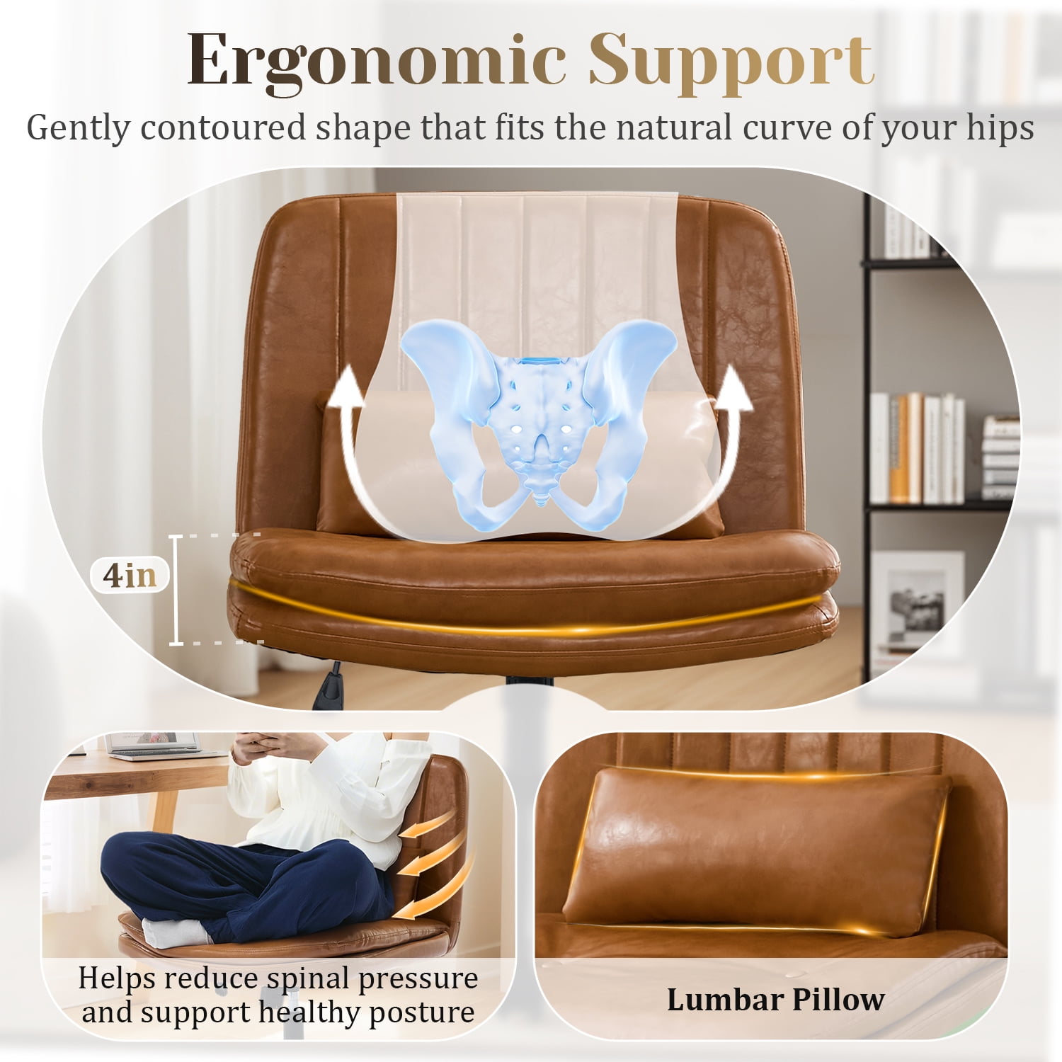 IPKIG Armless Criss Cross Office Chair, Brown PU Leather Adjustable Swivel Desk Chair with Lumbar Support Pillow for Home Office, Living Room, Vanity