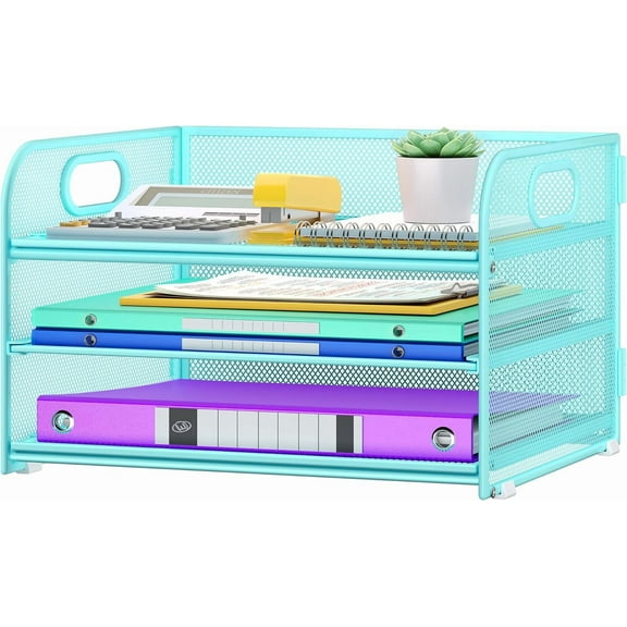 3 Tier Paper Organizer with Handle, Metal Desk Organizer Mesh Paper Letter Tray Desktop File Folder Document Sorter for Classroom, School, Office Accessories Organization and Storage - Blue