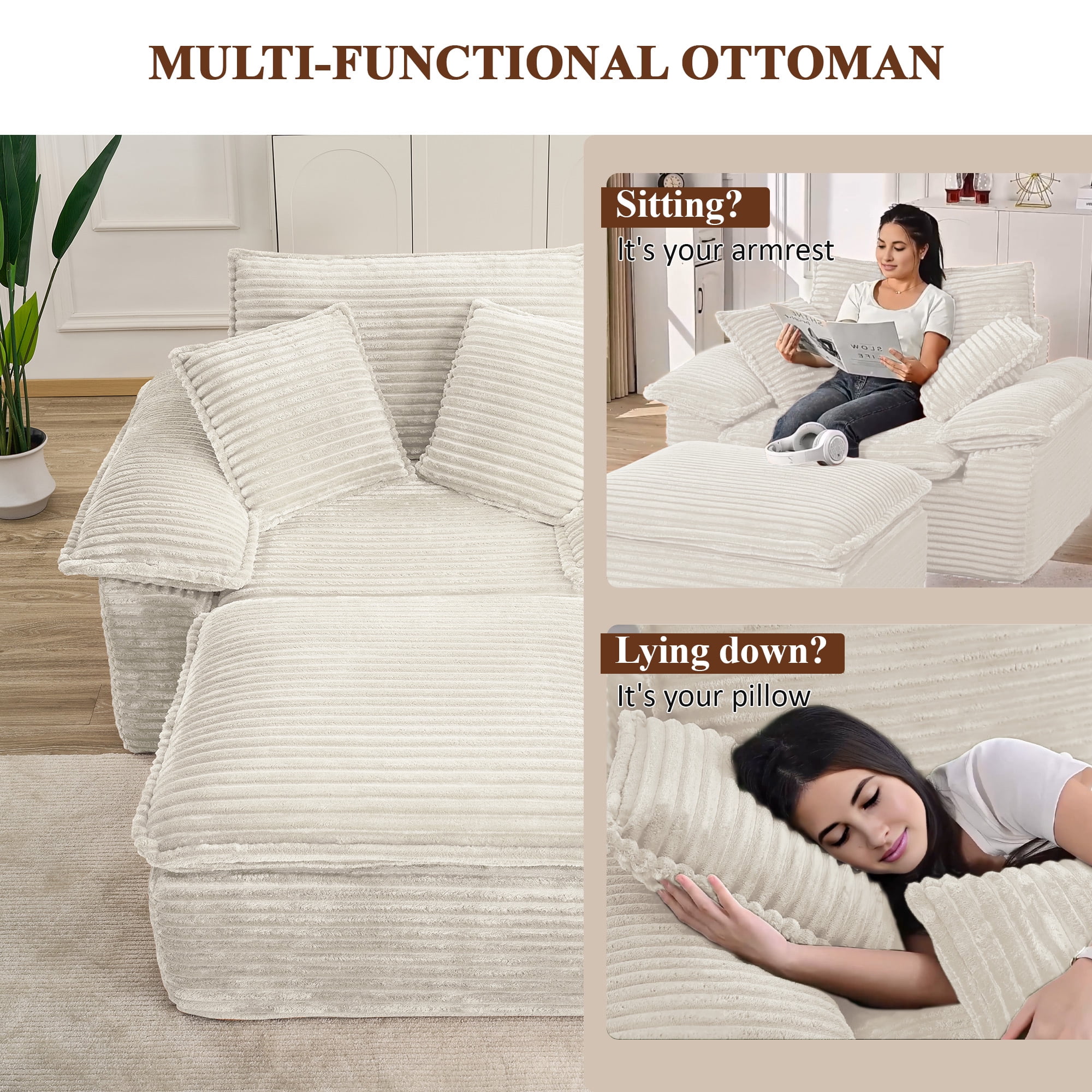 Aukfa 63.5" Oversized Chaise Lounge Sofa with Movable 2-Layer Ottoman, Deep Seat Boneless Couch, Corduroy Lounge Chair, Beige