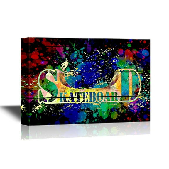 wall26 - Skateboard Canvas Wall Art - Skateboard on Colorful Abstract Background - Gallery Wrap Modern Home Art | Ready to Hang - 16x24 inches