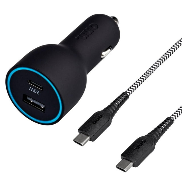 onn. Fast Charge USB and USB-C 3 FT. Dual-Port Car Charging Kit with 20W Power Delivery, a matte black cylindrical car charger with a blue ring around USB-C and USB ports, including a 3-foot braided USB-C to USB-C cable with reinforced connectors, suitable for fast charging compatible devices in vehicles.
