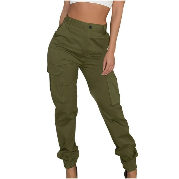 Women High Waisted Cargo Tapered Ankle Pants Stretch Fitted No Belt Combat Joggers  Sweatpants with 6 Pockets 