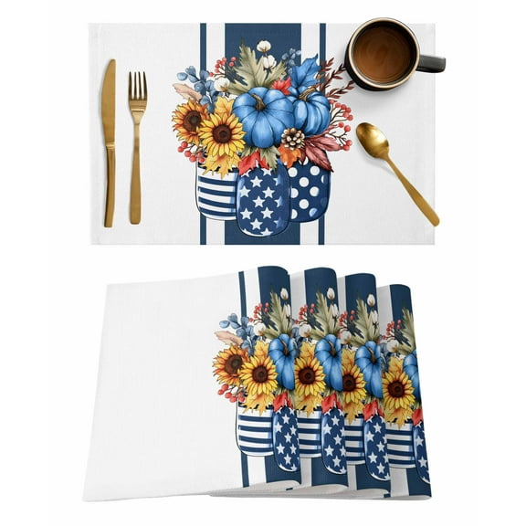 Thanksgiving Placemats Set of 12 Leaf Pumpkin Sunflower Bottle Blue Fall Heat Insulation Washable Place Mats, Rustic Non-Slip Table Mats for Dining Table Party Kitchen Decor,13x19 Inch