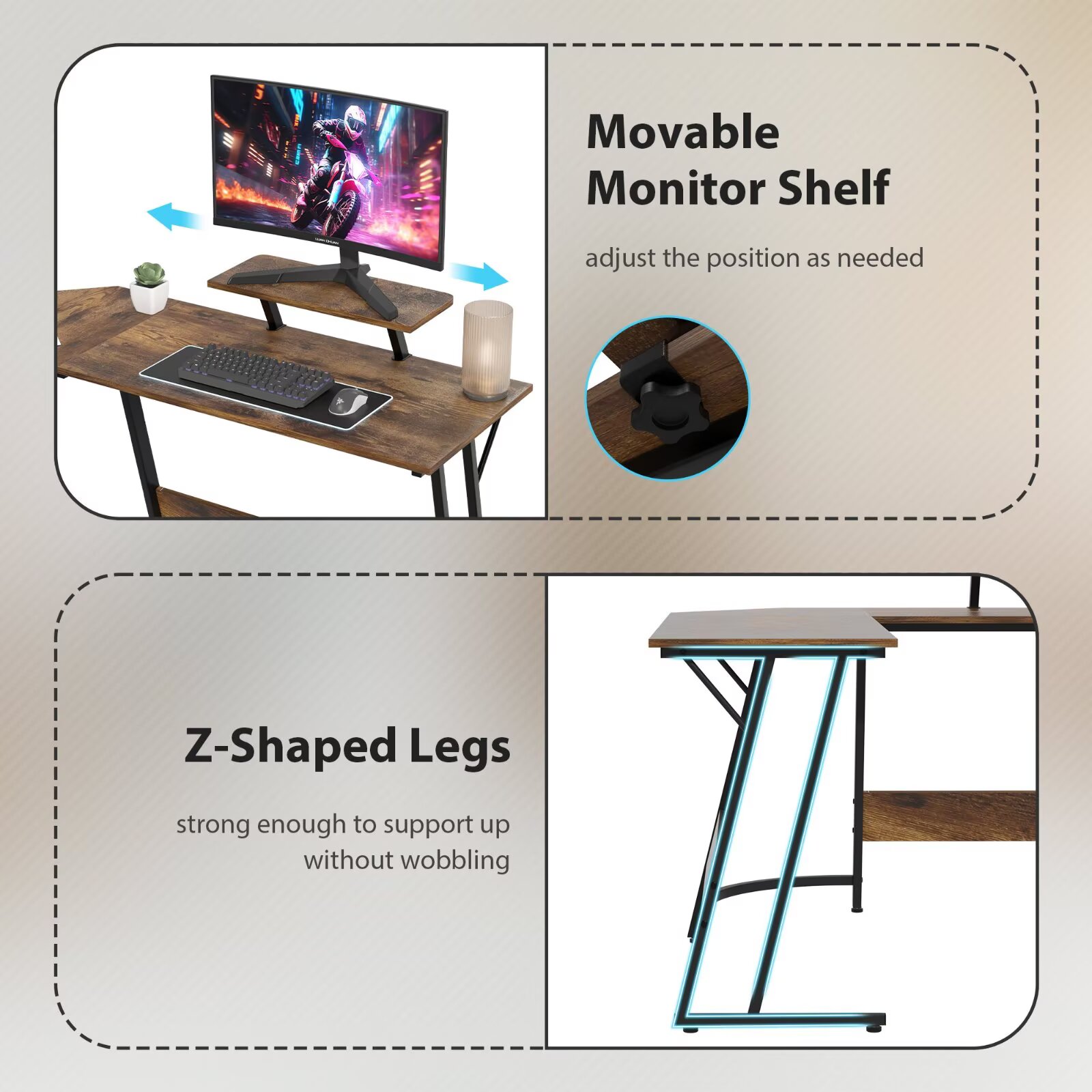 YRLLENSDAN 50 Inch L shaped Corner Gaming Desk, Adjustable Computer Desk with Large Desktop, Home Office Desk with Monitor Stand, for Home and Work Place, Brown