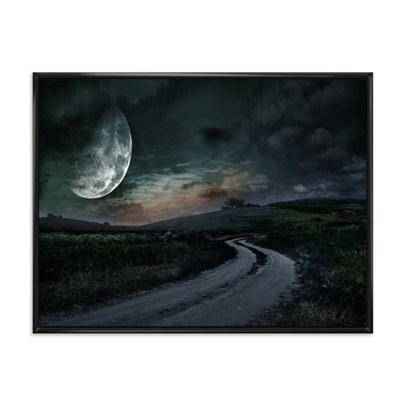 Designart 'The Meadow Under Full Moon With Rural Road Through ' Nautical & Coastal Framed Canvas Wall Art Print