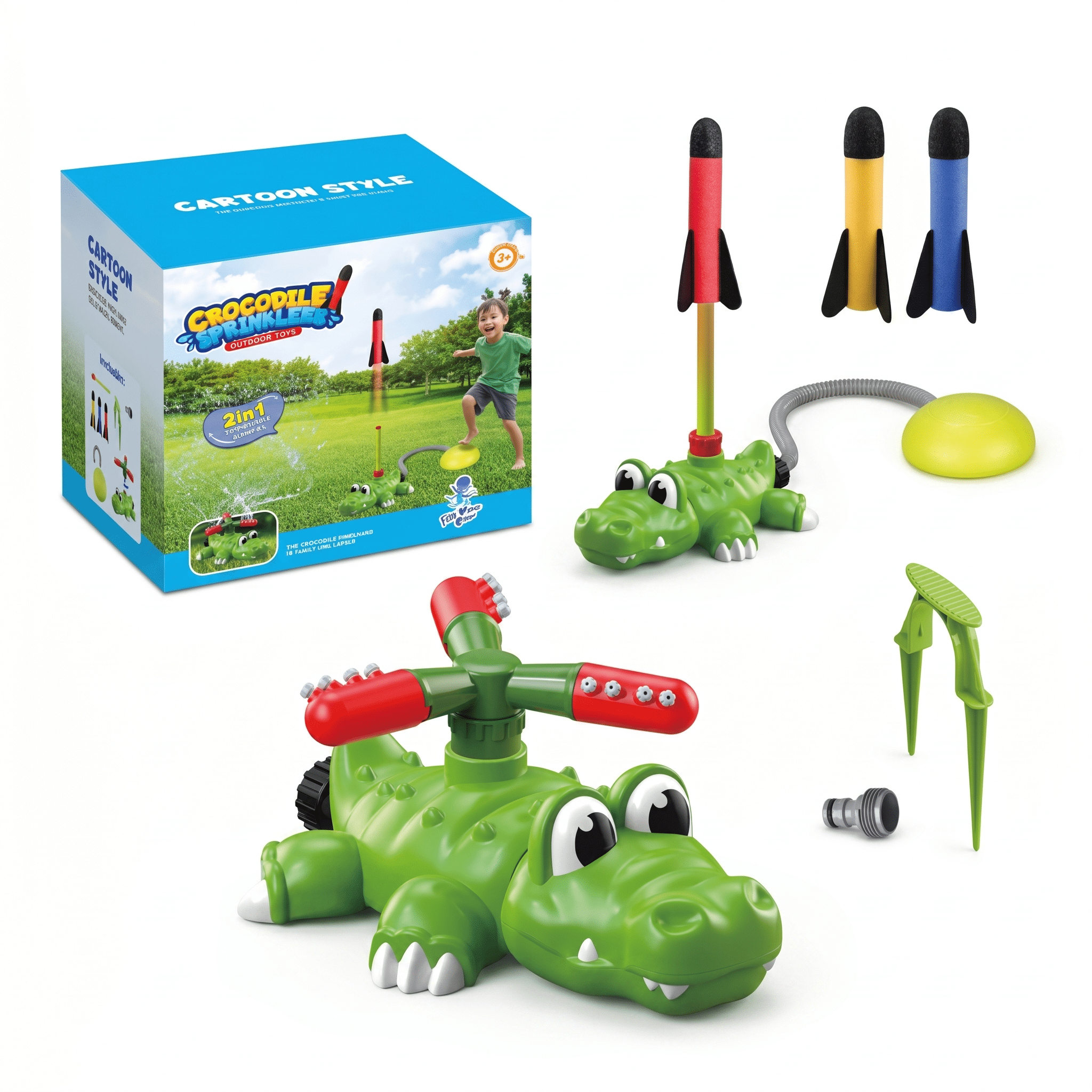 CQHVKQ 2-in-1 Kids Water Sprinklers & Rocket Launch Game Toy, Crocodile Rocket Launcher Sprinkler for Backyard, Outside Yard Water Toys for Boys Girls, Summer Toddlers Outdoor Toys for Kids Ages 4-8