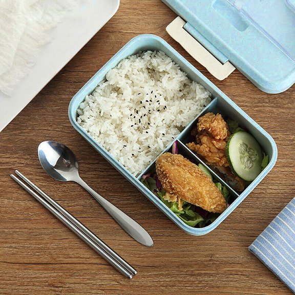 ZToonmas Adult Bento Box Wheat Straw Double Layers Lunch Box with Tableware Compartment Microwave Straw Bento Lunch Box Spoon Food Storage Container Adult