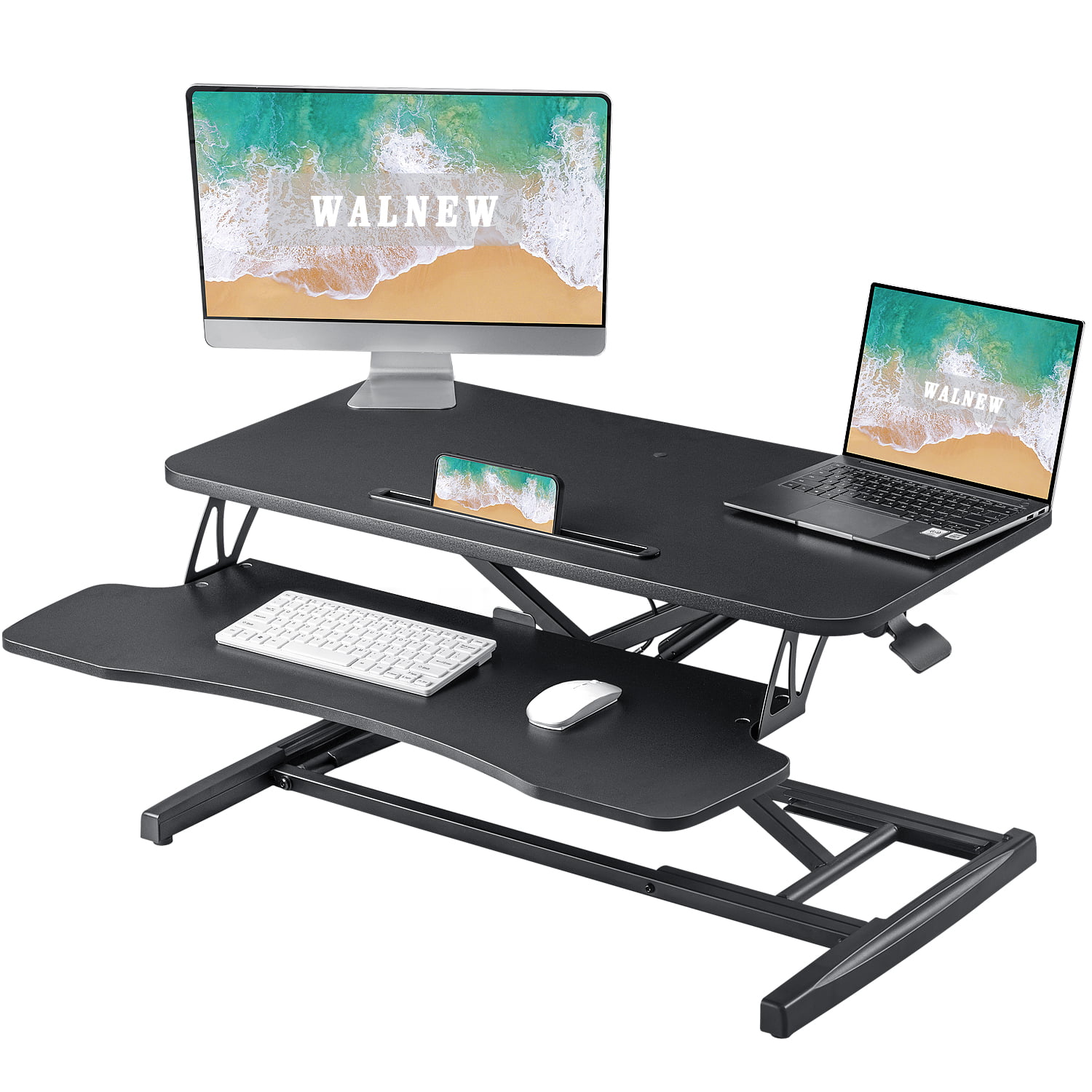 Black 33 Height Adjustable Standing Desk Converter Stand Up Desk Dual Monitor Riser Sit to Stand Desk Desktop Laptop Tabletop Workstation with Removable Keyboard Tray 