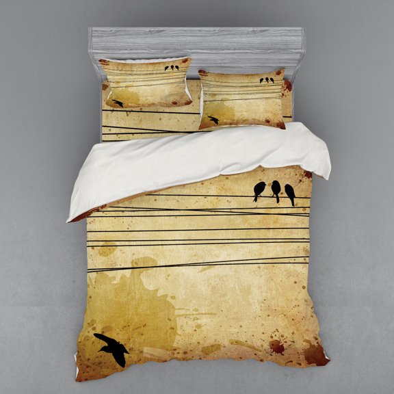 Ambesonne Vintage Bedding Set 4 Pcs, Birds on Cable Grunge, Queen, Mustard