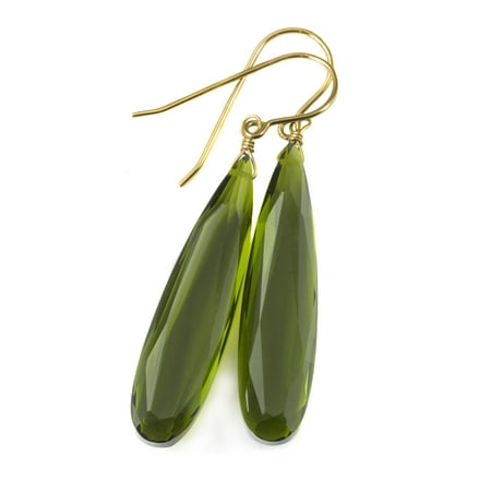 Faceted Peridot Drops - Dark Green Simulated Peridot Earrings Long Faceted Teardrops 2 Inch 14k Yellow Gold Filled Drops Spyglass Designs