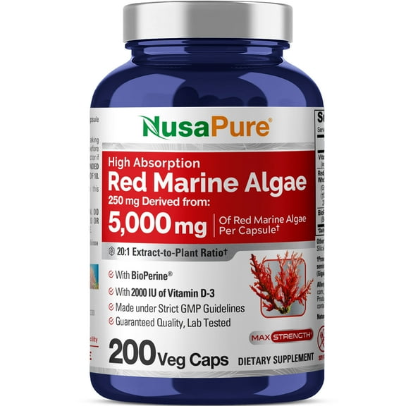 NusaPure Red Marine Algae 20:1 Extract, 250 mg Equivalent to 5,000 mg Veggie Caps 200 Count (Non-GMO, Soyfree)