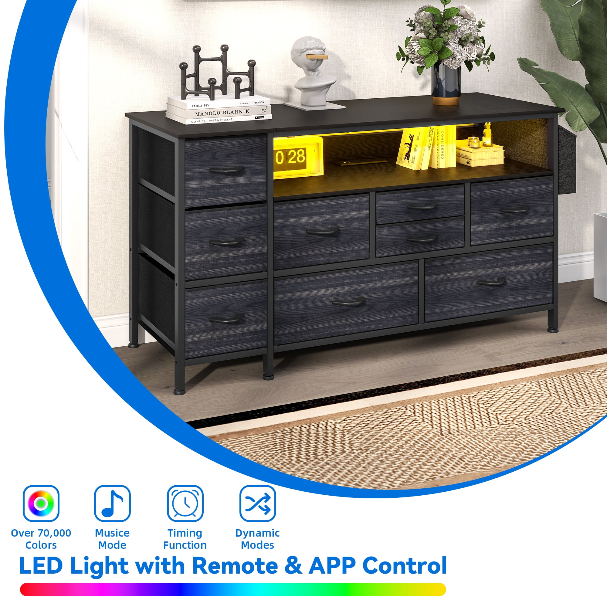 Uforic 9-Drawer Dresser for Adults, TV Stand with Power Outlet for 55'' TV, Side Pockets & Hooks