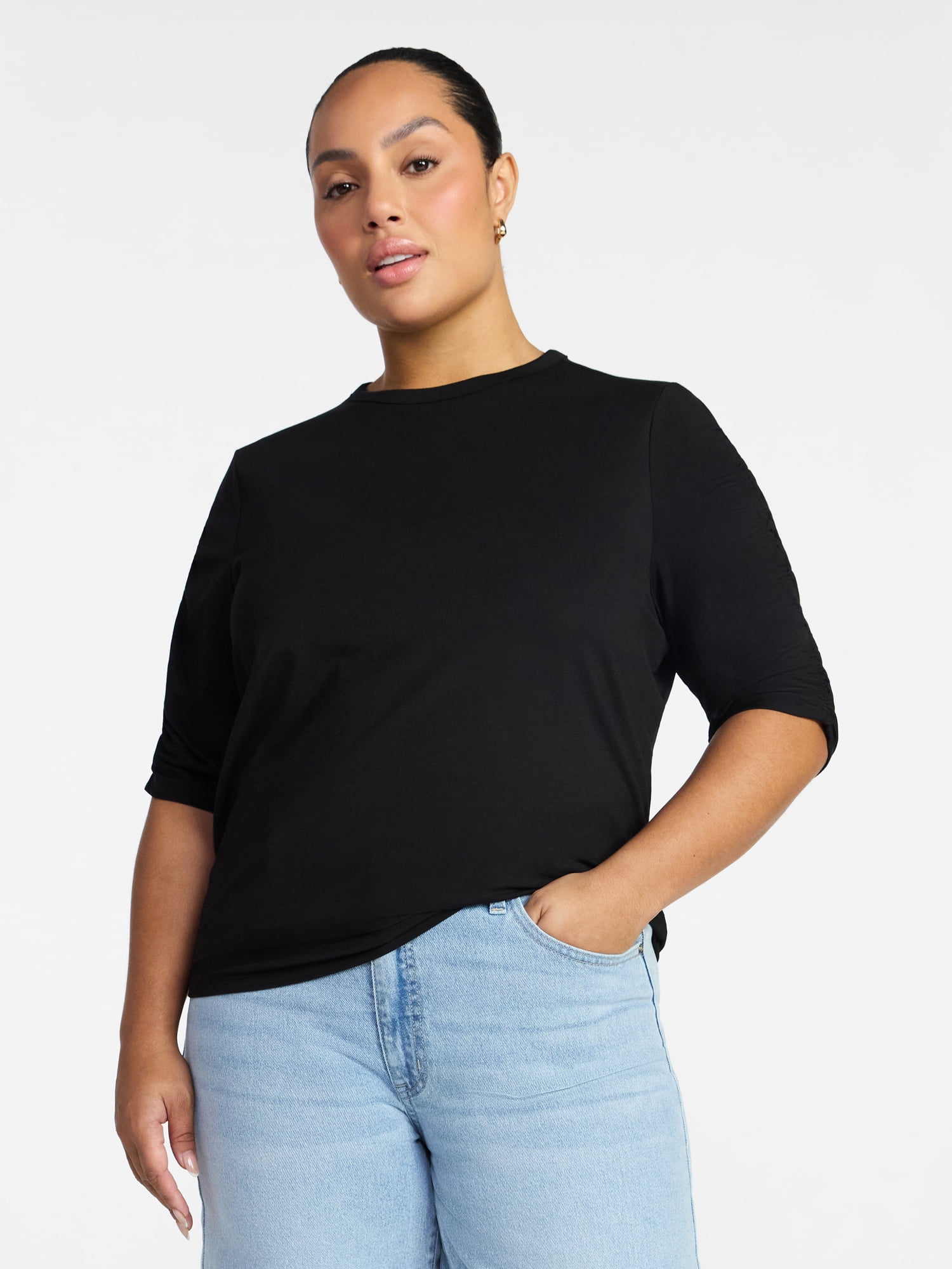 Time and Tru Women's Ruched Elbow Sleeve Tee, Sizes XS-XXXL