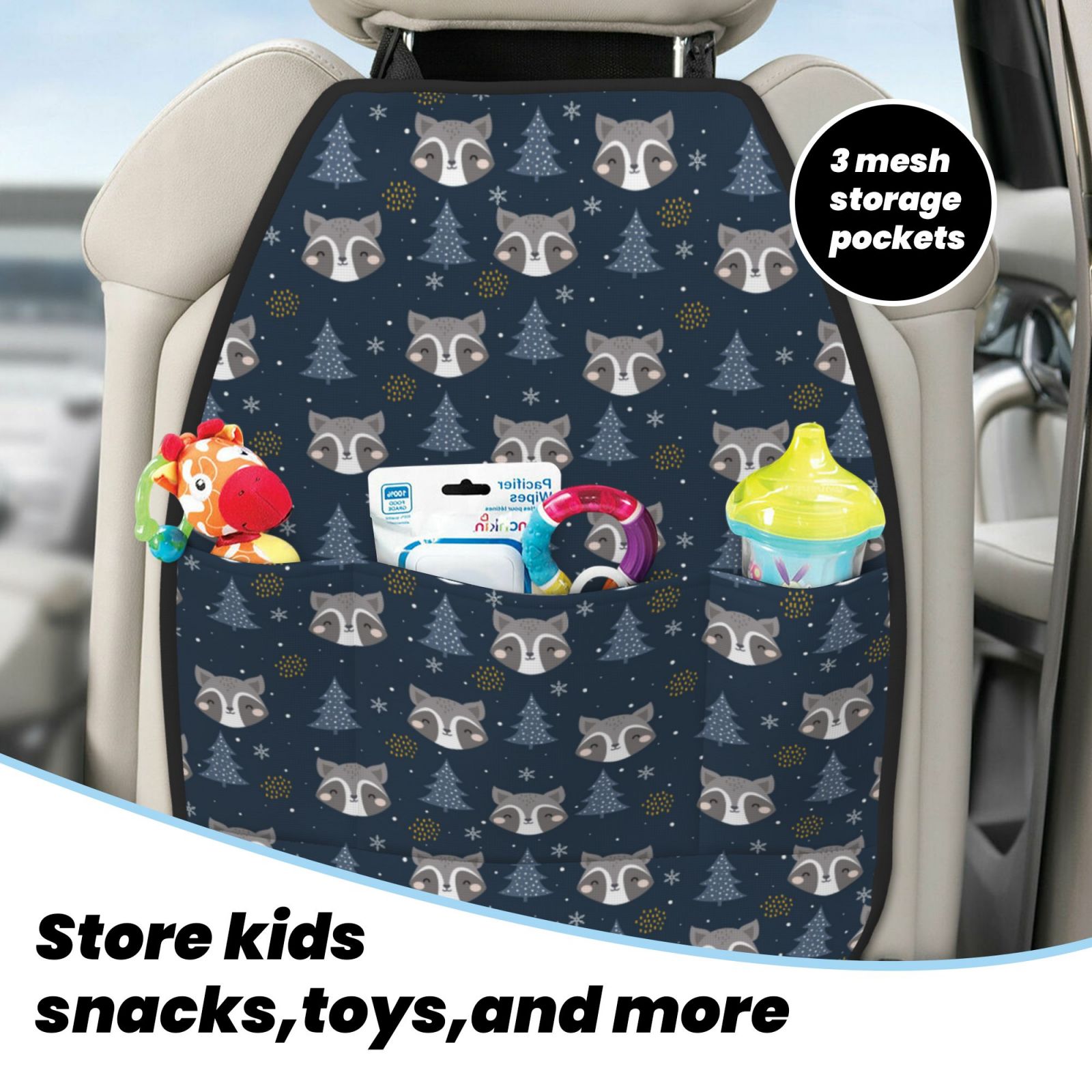 Xecao Cute Christmas Tree Raccoon Pattern Car Seat Back Protector 2 Pack Large Capacity Pocket, Kick Mats Back Seat Protector