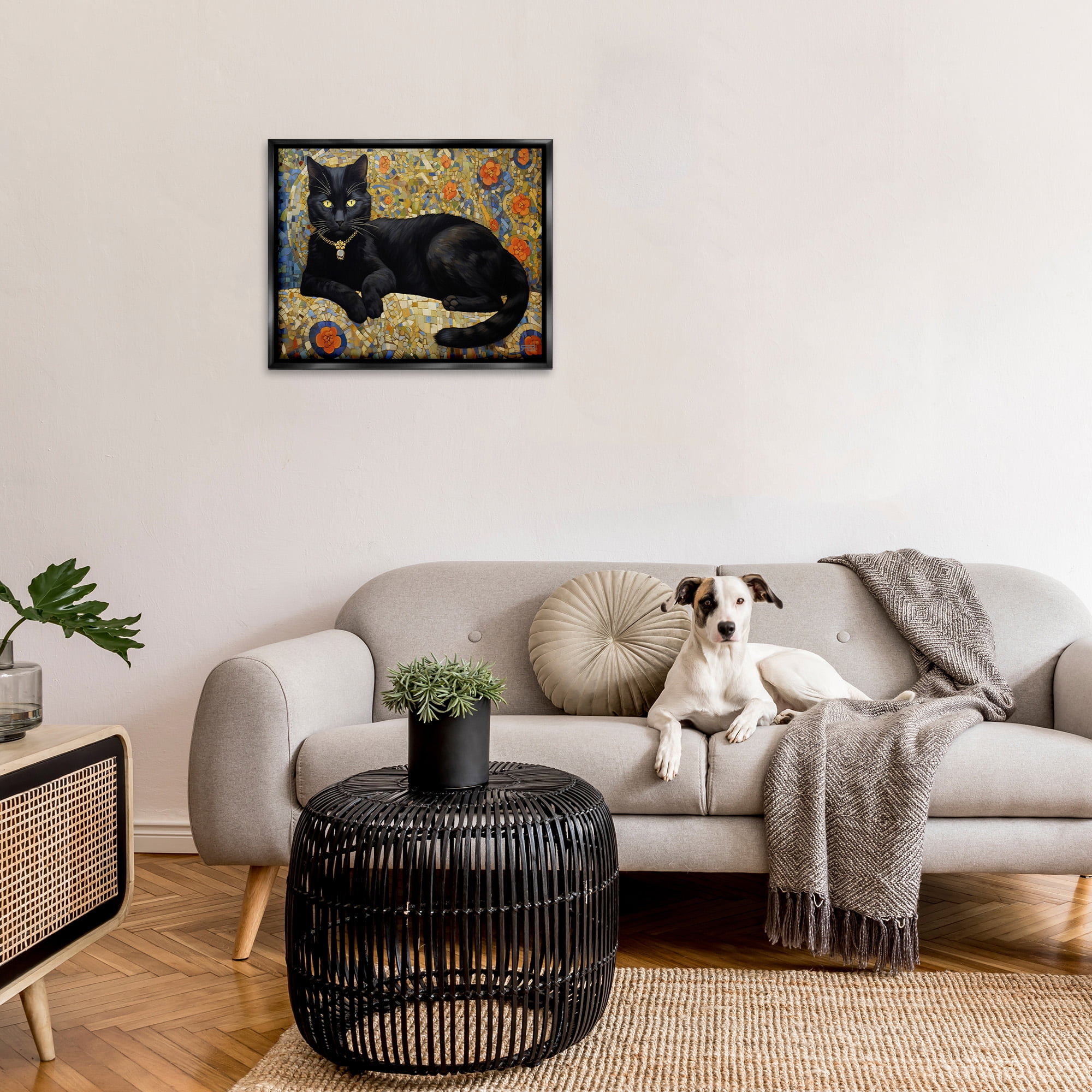 Stupell Industries Mosaic Patterned Cat Animals & Insects Painting Black Floater Framed Canvas Art Print Wall Art, 31 x 25