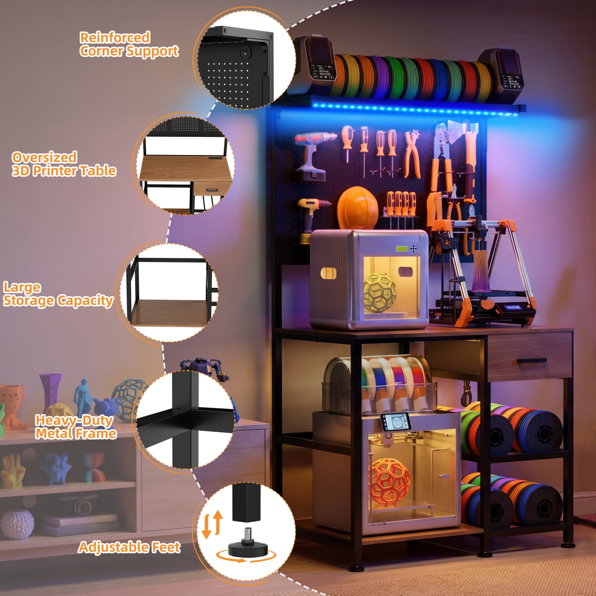 HOQBN 3D Printer Workbench with Drawer, Charging Station and LED Lights, Large Printer Shelf with Pegboard and Hooks for Home Studio Garage