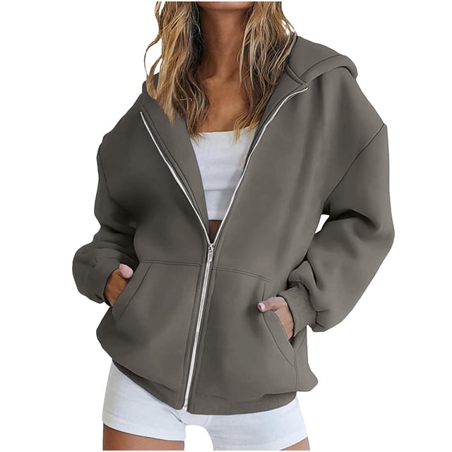 HAiming Veste à Capuche Zippée pour Femmes Grande Taille, Décontractée, à Manches Longues, avec Poches