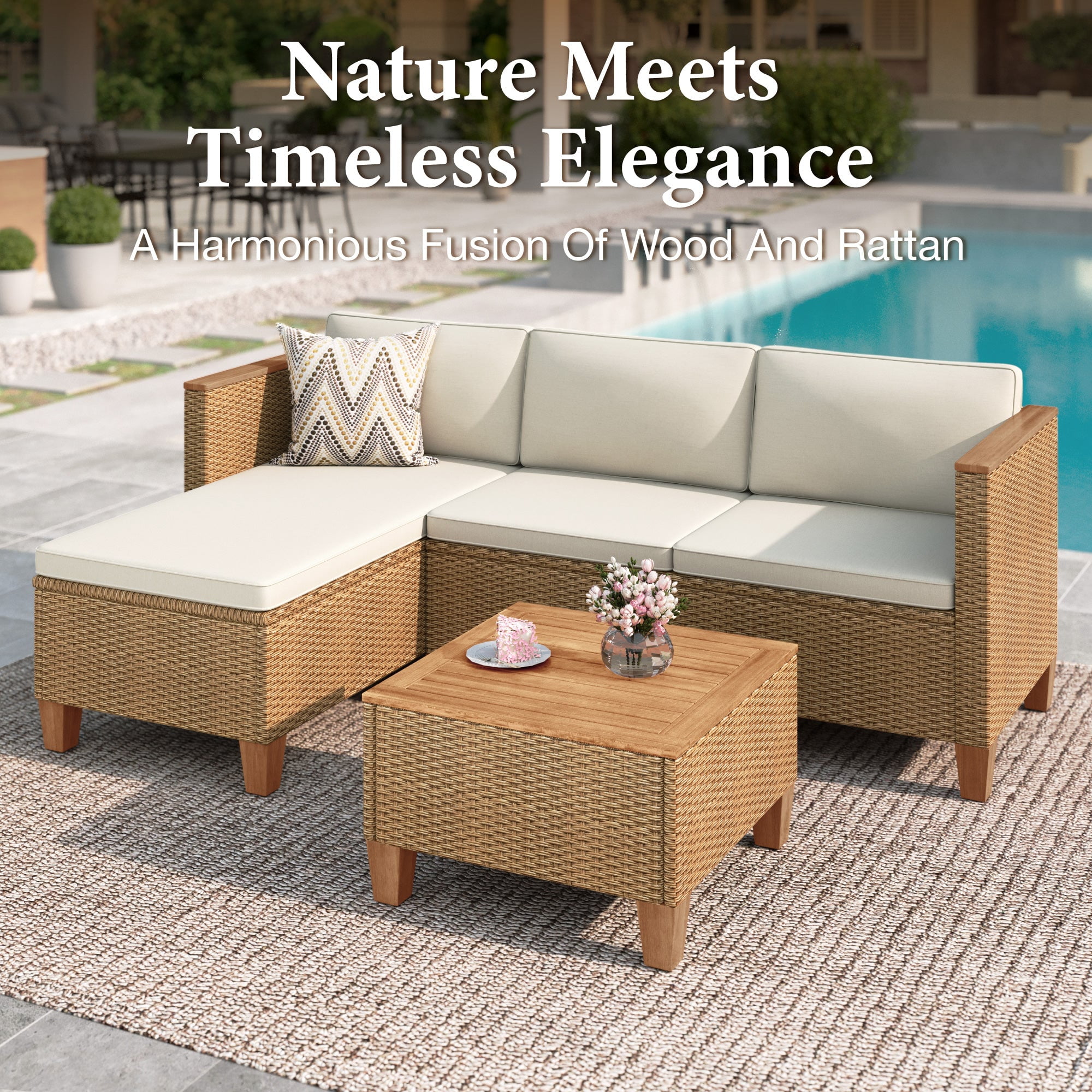 MF Studio 3-Piece Patio Furniture Conversation Set, Weather-Resistant Wicker Outdoor Sectional Sofa Set with Table & Cushions, Small Balcony & Porch Friendly