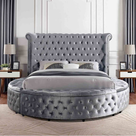 1pc Glam King Size Bed Padded Flannelette Fabric Tufted Upholstered Storage Bed Gray Bedroom Furniture