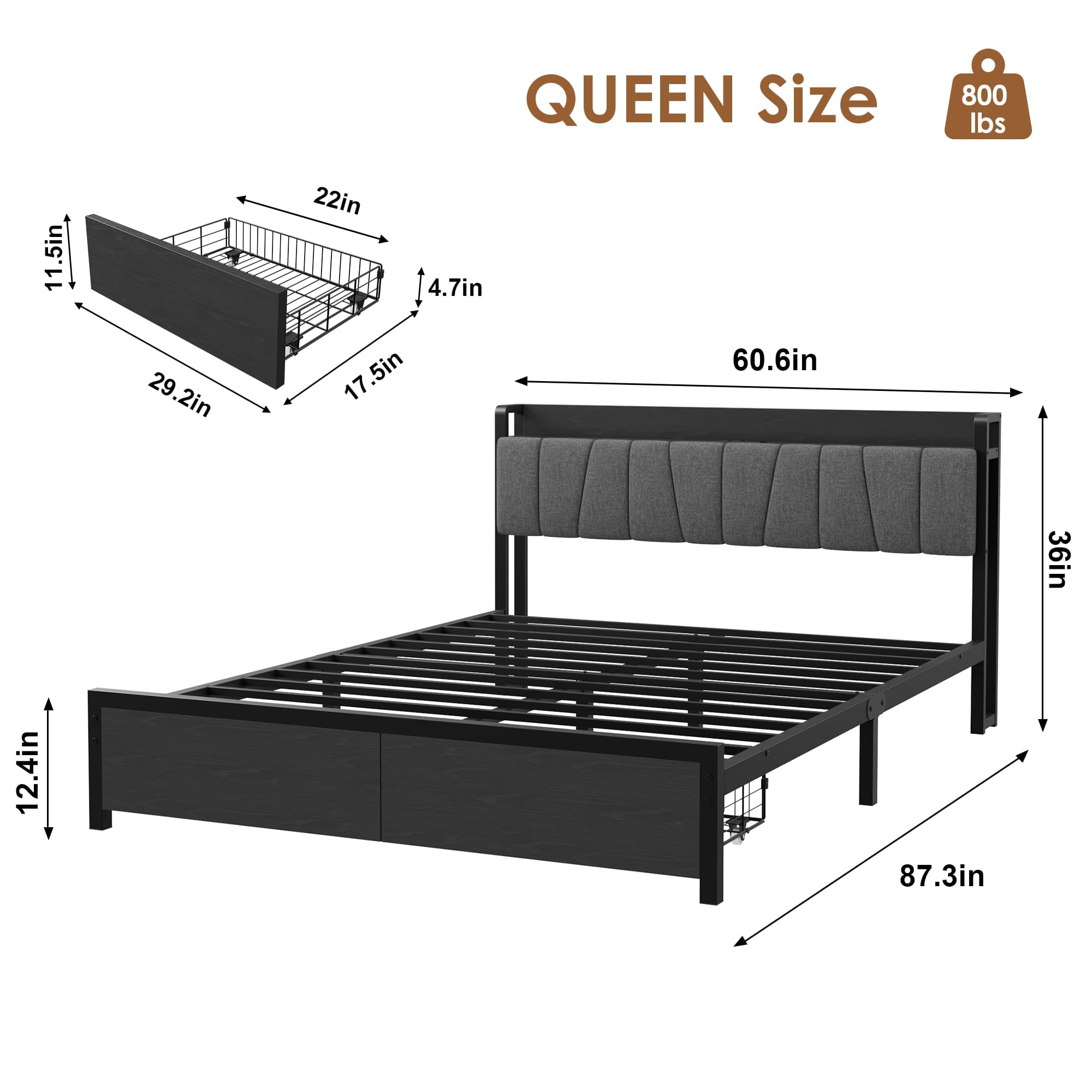 Queen Size Bed Frame with Storage Headboard, Black Queen Platform Bed with 2 Large Drawers and Charging Station, No Box Spring Needed Bedframe