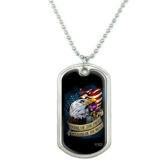 Home of the Free Because of the Brave Purple Heart Eagle American Flag Military Dog Tag Pendant Necklace with Chain