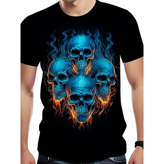 1 piece Men's Skull Pattern T-shirt, 100% Cotton, 3D Printing, Crew Neck, Short Sleeve, Formal Style, Casual Style, Suitable for All Seasons Knitted Fabric T-shirt