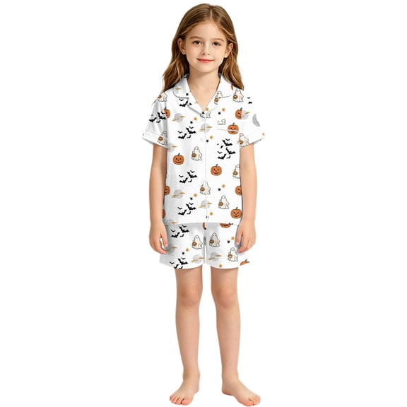 FYDUU Girls Pajamas 2Pcs Cute Halloween Print Kids Short Sleeve Shorts Pajama Sets Button Down Sleepwear Loungewear Nightwear 11-12 Years