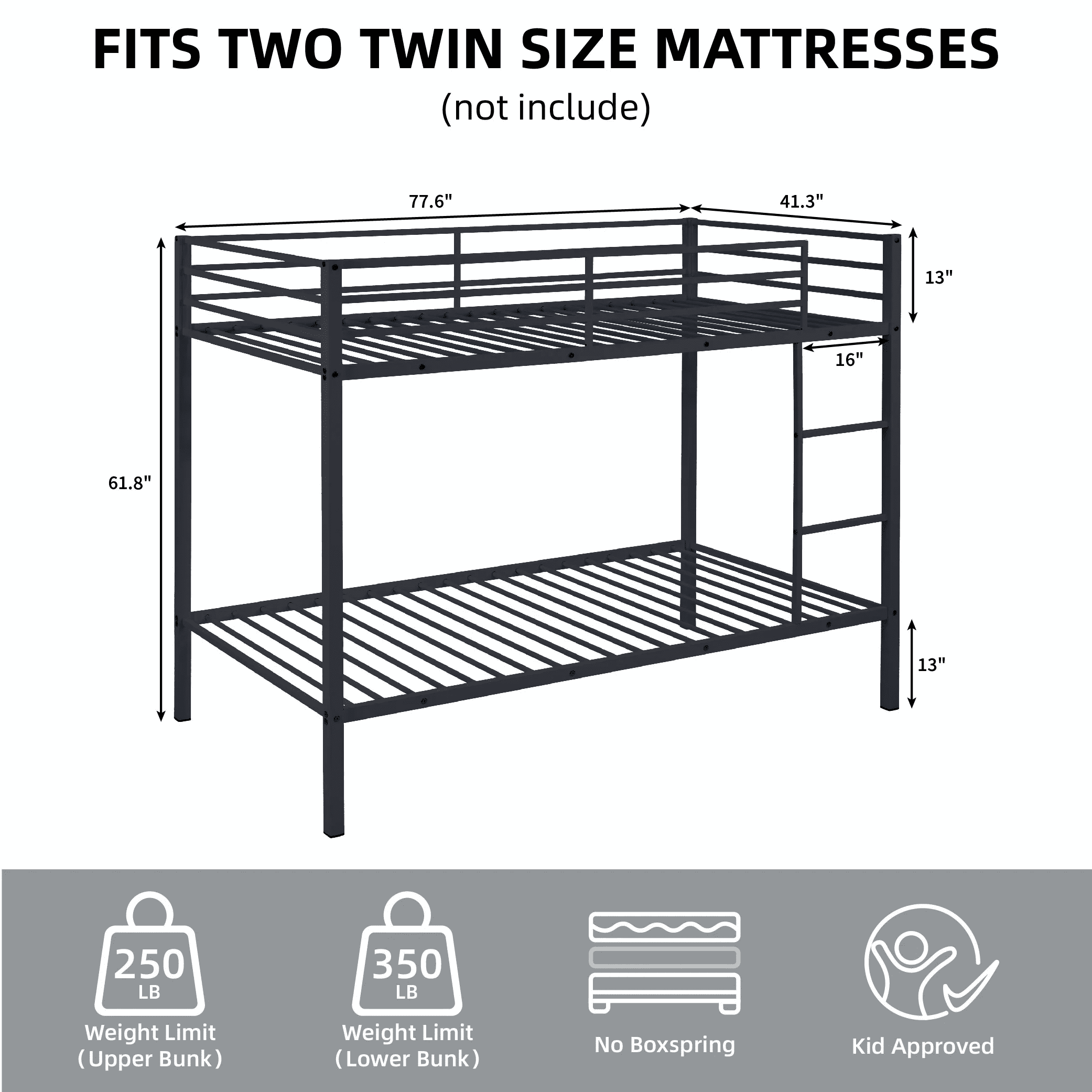 MAYEERTY Twin Size Metal Bunk Bed, Low Profile Bed Frame with Built-in Ladder, High Guardrail, Space-Saving for Kids, No Box Spring Required, Black