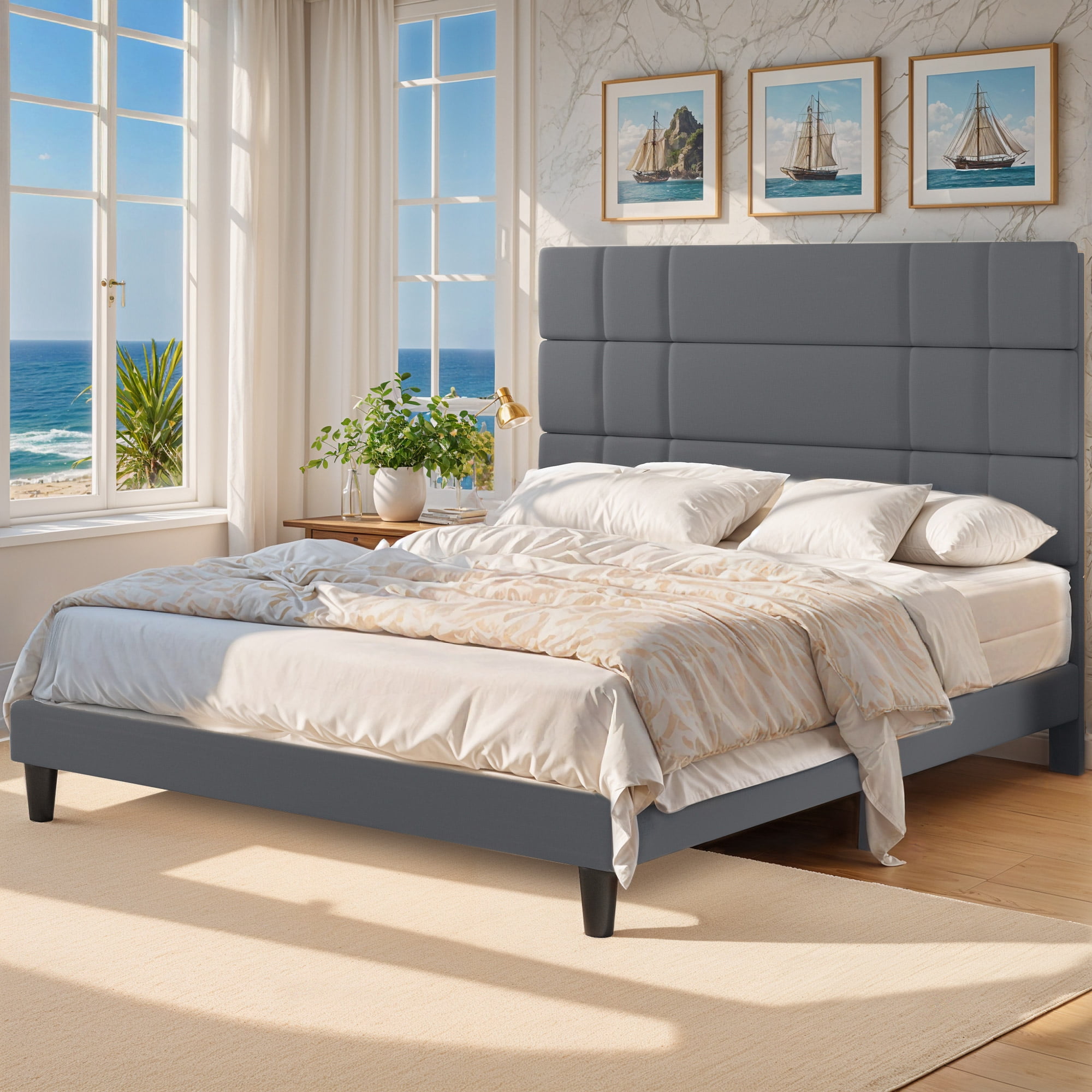 ModFusion - Modern Queen Size Bed Frame, Robust Metal & Wood Construction, Easy Assembly, 43.3" Linen Upholstered Headboard, Gray