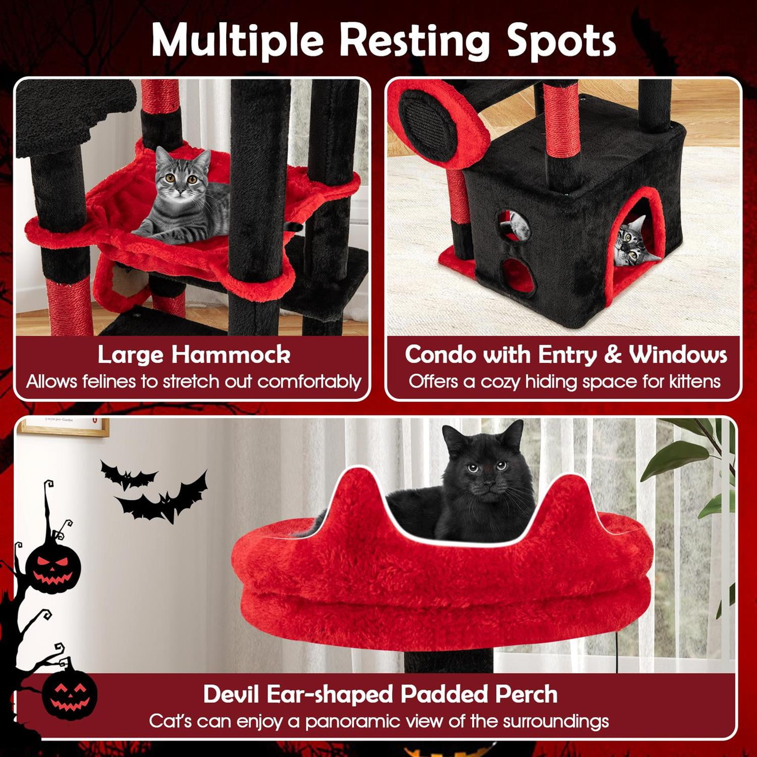 Pefilos Gothic Cat Tree, Plush Perch & Spider Dangling Toy, Condo & Sisal Scratching Posts, Black & Red
