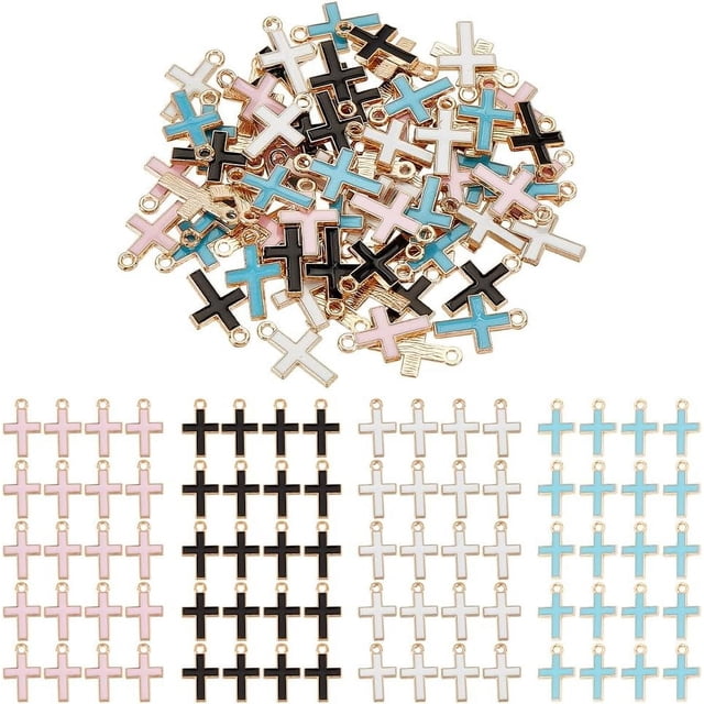 80 dijes de esmalte en 4 colores, dorado claro, de una sola cara, con aro de aleación, crucifijo, de metal, sagrado.