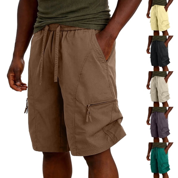Thousandth Men's Lightweight Fashionable Zipper Multi Pocket Breathable Hiking Cargo Shorts Plus Size Drawstring Running Pants Bandage Elastic Waist Casual Shorts