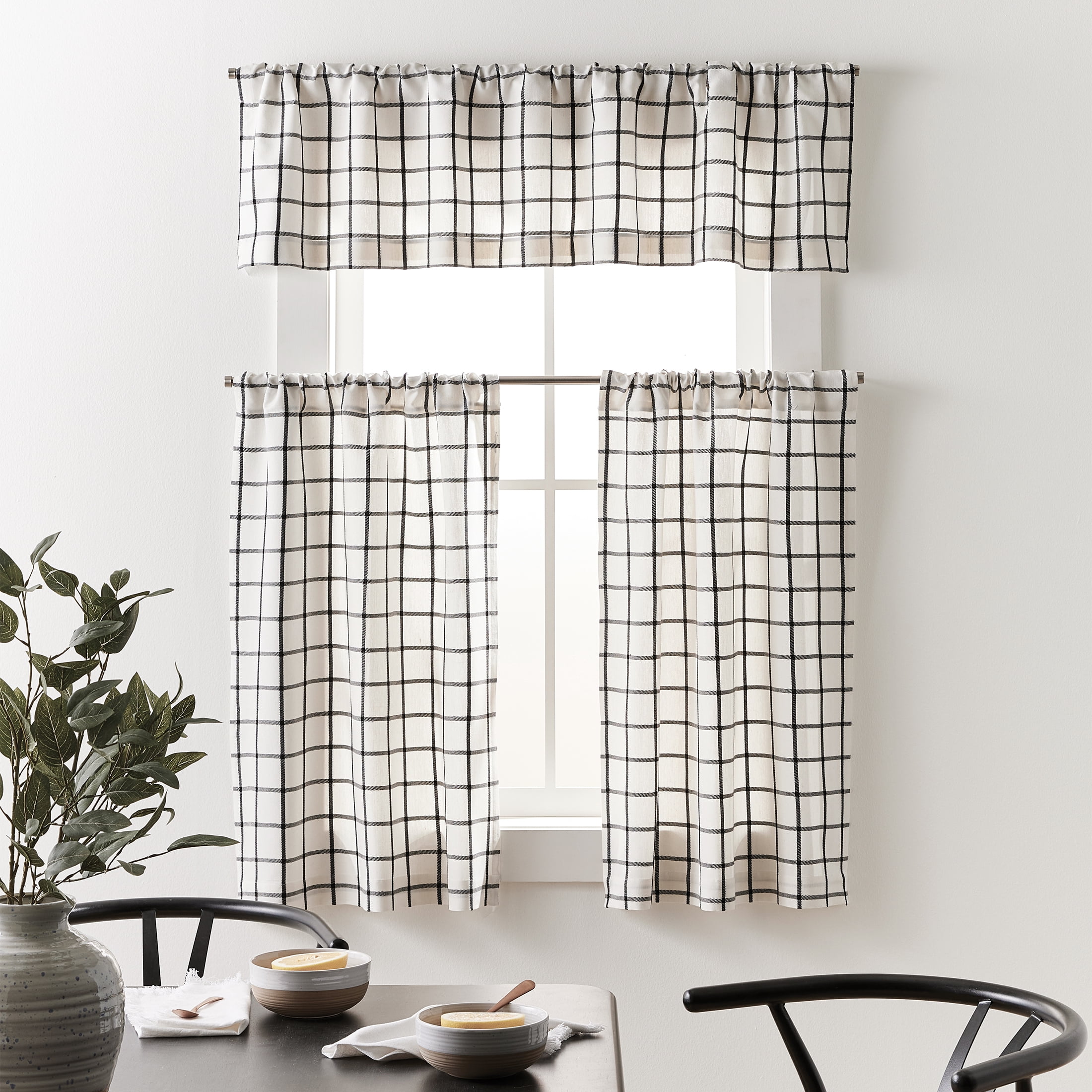 Better Homes & Gardens Willa Plaid Kitchen Curtain Tiers and Valance, 3-Piece Set, Ivory/Black, 60" W x 36" L