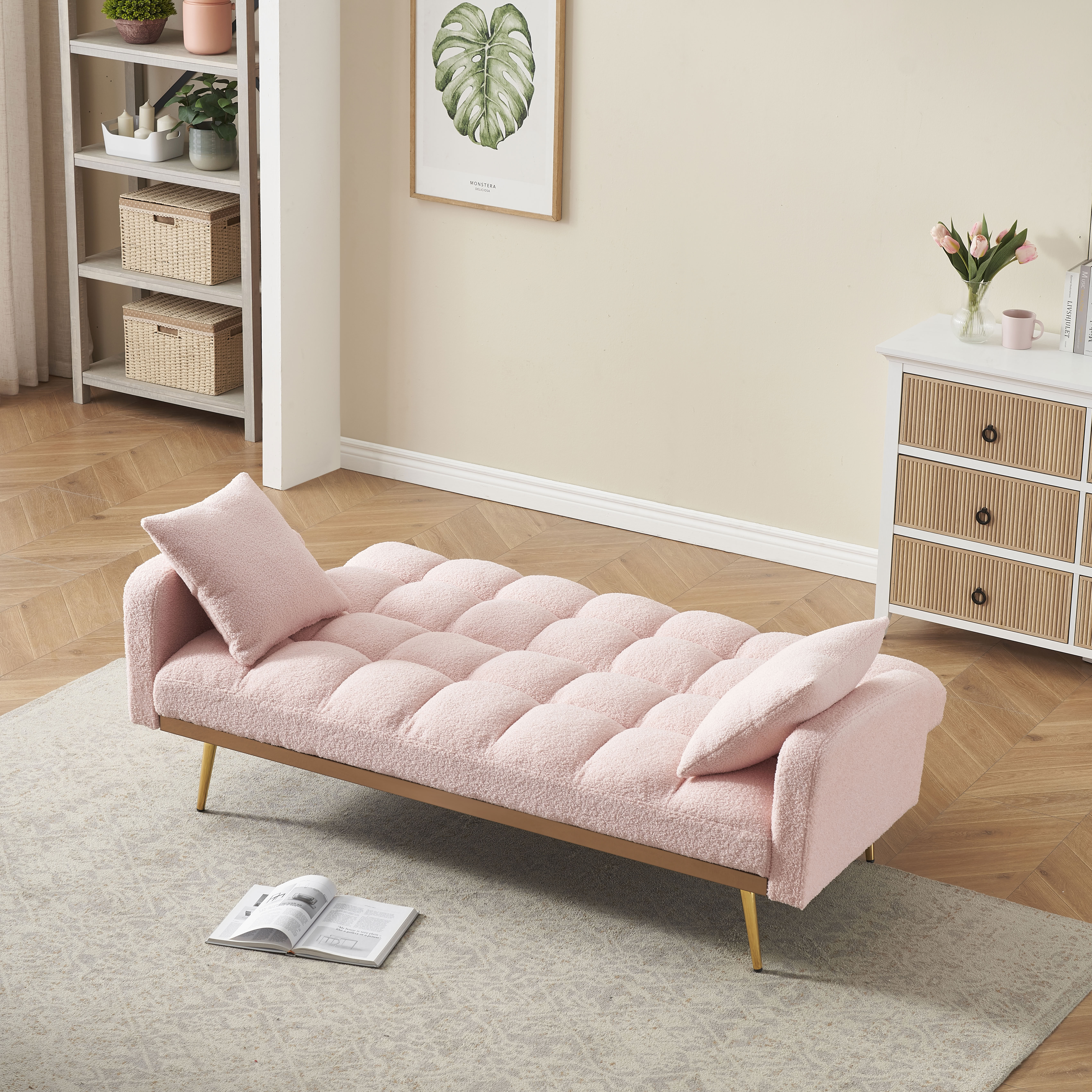 MAYEERTY Guest Bed Sofa, Teddy Fabric Loveseat, Convertible Space-Saving Sofa for Small Home Guest Stays, Pink