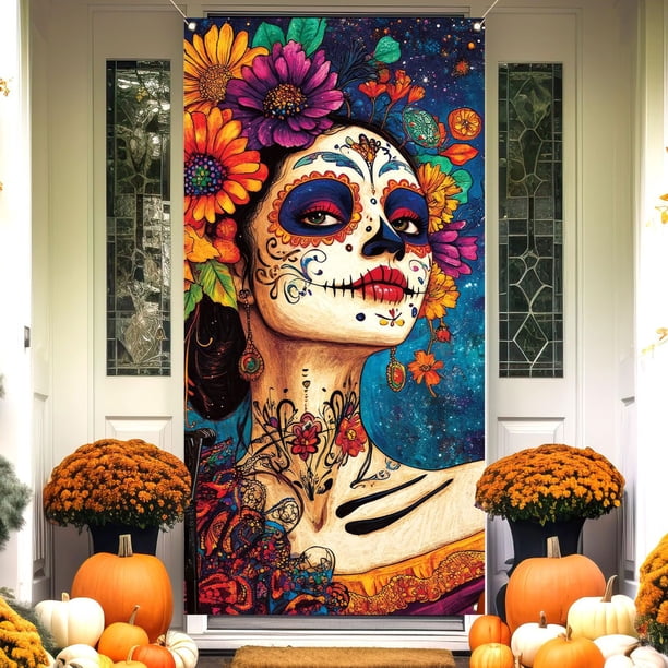 Decoraciones de Halloween, Cubrepuertas de 89 x 180 cm para Halloween y Día de Muertos - Decoración para puerta de Halloween y Día de Muertos - Cubrepuertas de poliéster para fiestas y festivales