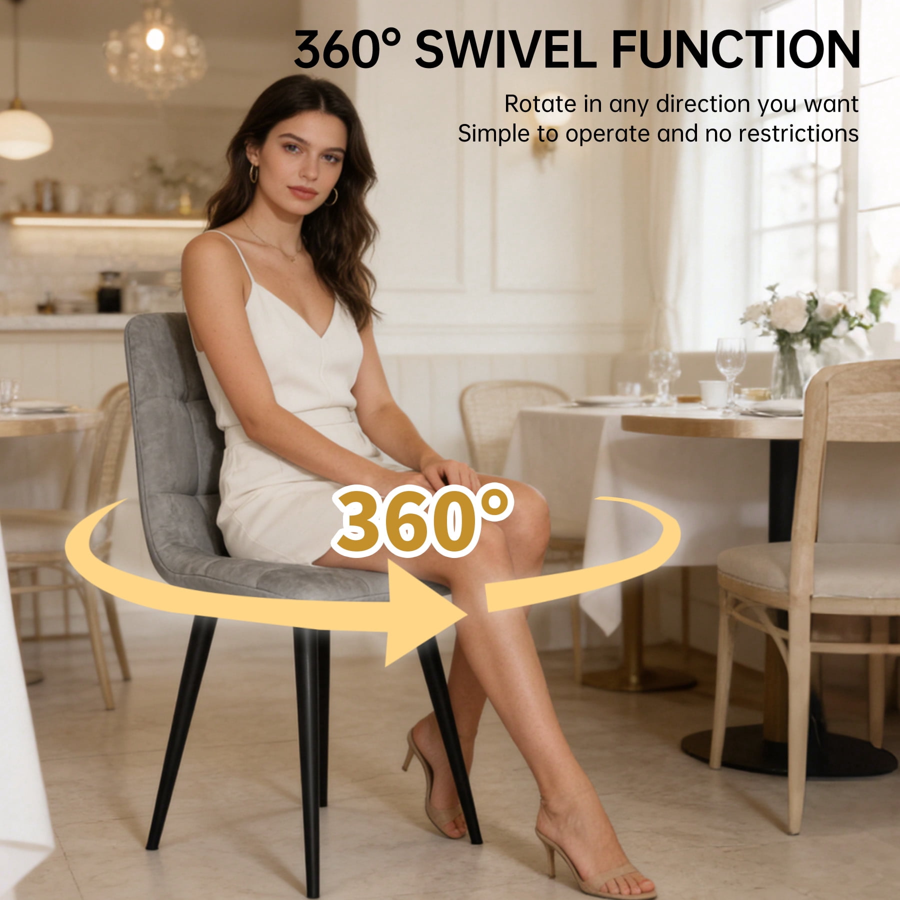 SHGJ&SOFT 360° Swivel Velvet Upholstered Dining Chairs Set of 4, Mid Century Modern Accent Chairs with L-Shaped Backrest, Adjustable Metal Legs for Kitchen Living Room(Gray1, 4pc)