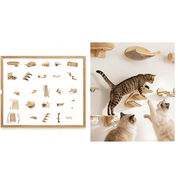 Cat Wall Shelves Wall Mounted Cat Activity Tree Wooden Climbing Set with Scratching Posts Hammock Shelves Perch Bed for Indoor Cats,N Wooden Cats Climbing Set#3