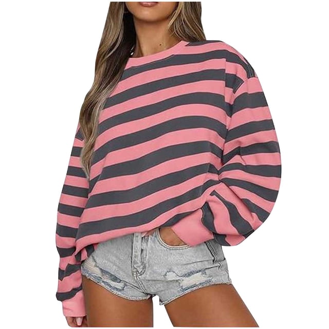 TIMIFIS Sweatshirts Surdimensionnés pour Femmes Décontractés à Rayures Imprimées Col Rond Pulls en Polaire Manches Longues