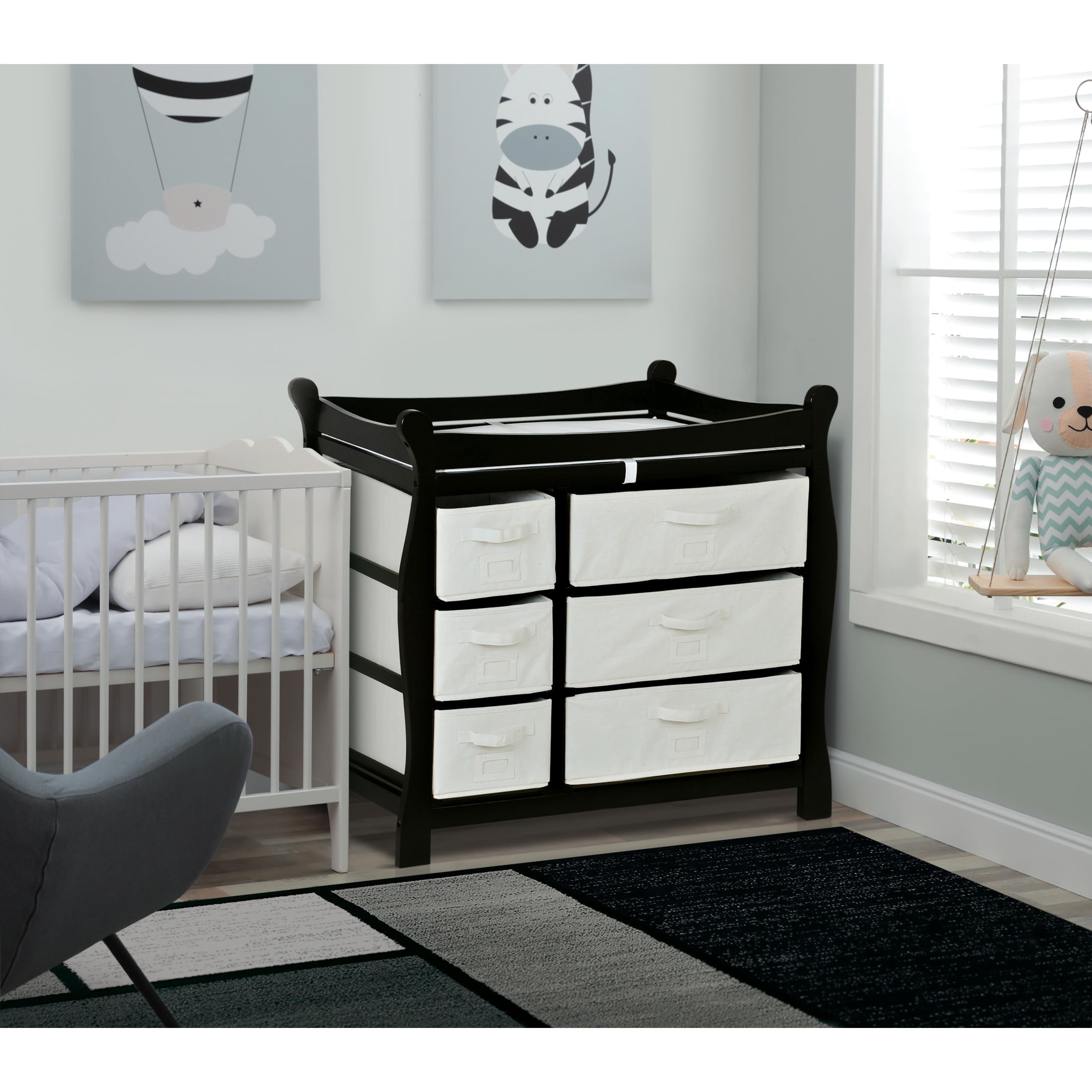 Badger Basket Sleigh Style Baby Wood Changing Table with 6 Baskets