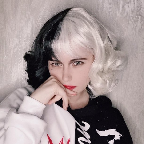 Willkey Womens Curly Short Wig Hair Wavy Half Black And Half White Natural Synthetic Full Wigs Costume For Cosplay Halloween Walmart Com