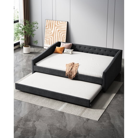 Full Size Daybed With Twin Trundle, Upholstered Bed In Dark Grey - Comfortable & Convenient Trundle Details, Spacious Sleeping Option
