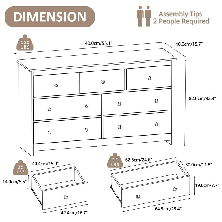 YouTrend 7 Drawer Dresser for Adults, Modern Beige Wood Storage Cabinet with Metal Handles for Bedroom Living Room Hallway