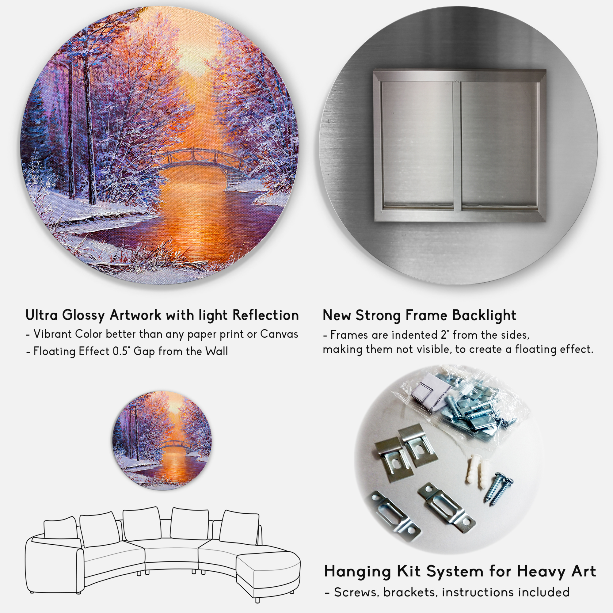 Designart 'Winter Landscape With Bridge Over The River' Traditional Circle Metal Wall Art 11x11 - Disc of 11