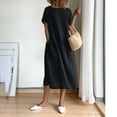 thumbnail image 5 of Tejiojio Summer Dresses for Women Women's Summer Fashion Solid Color Round Neck Short Sleeve Cotton Linen Dress, 5 of 9